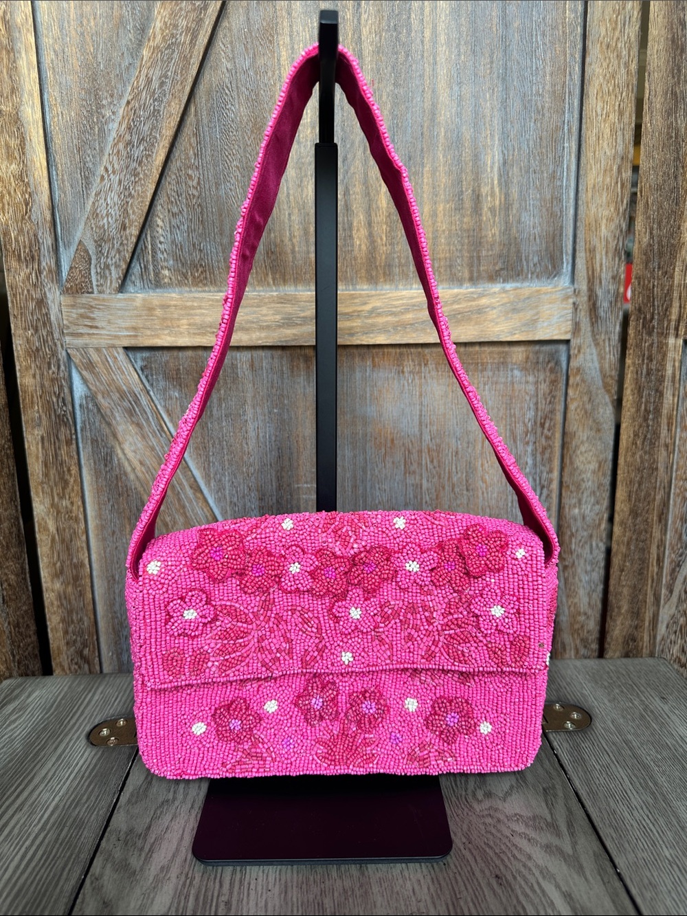 BCBGMaxAzria Pink Floral Beaded Shoulder Handbag Purse